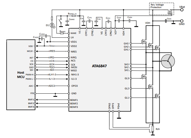 Applikations-Schaltungsdiagramm - Microchip Technology ATA6847 Bürstenlose Motor-Gate-Treiber-SBCs